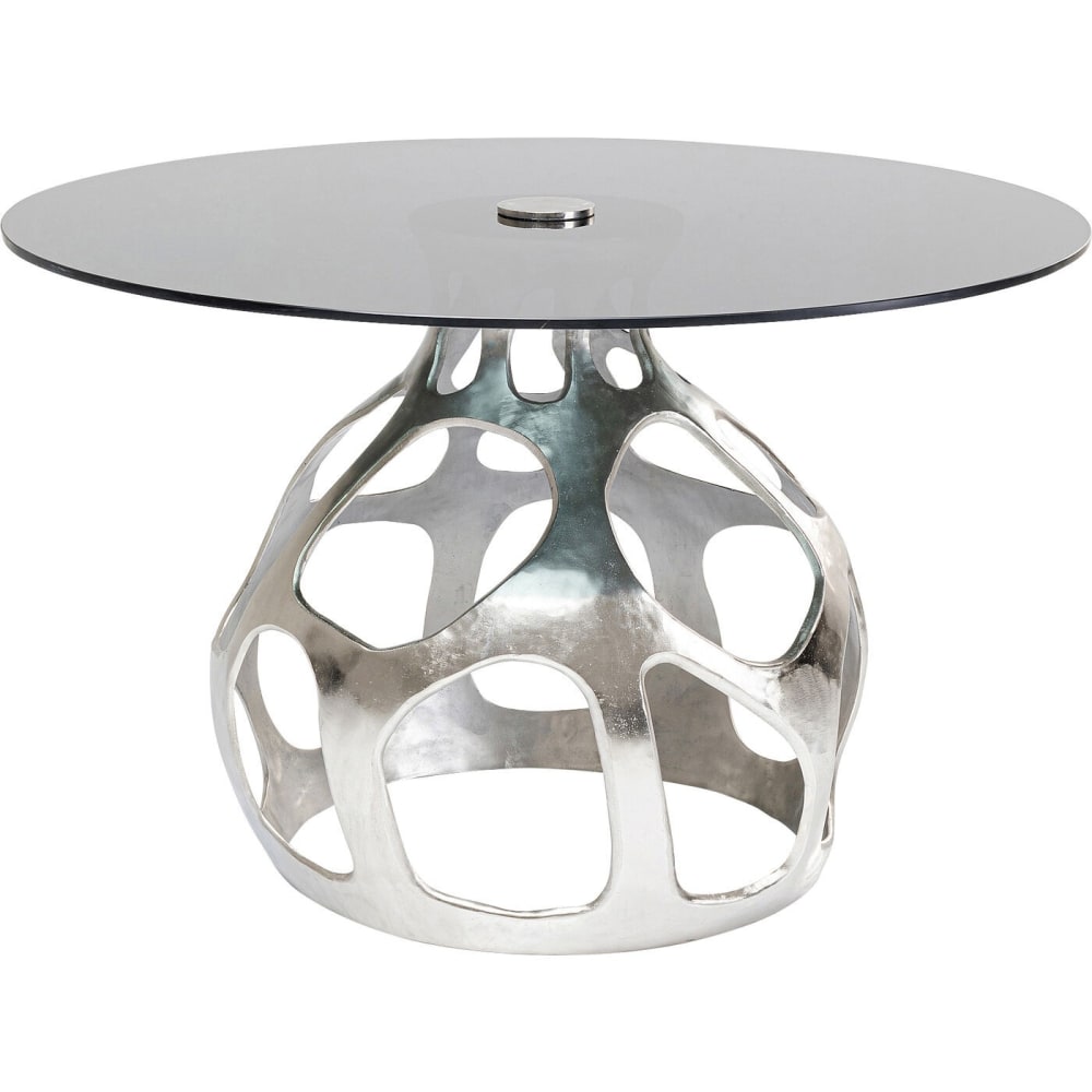 Table à manger 6 personnes en aluminium argenté et verre noir D120