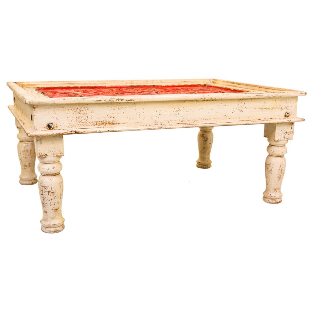 Mesa de centro de madera acabado artesanal beige y rojo 110x78x48h cm
