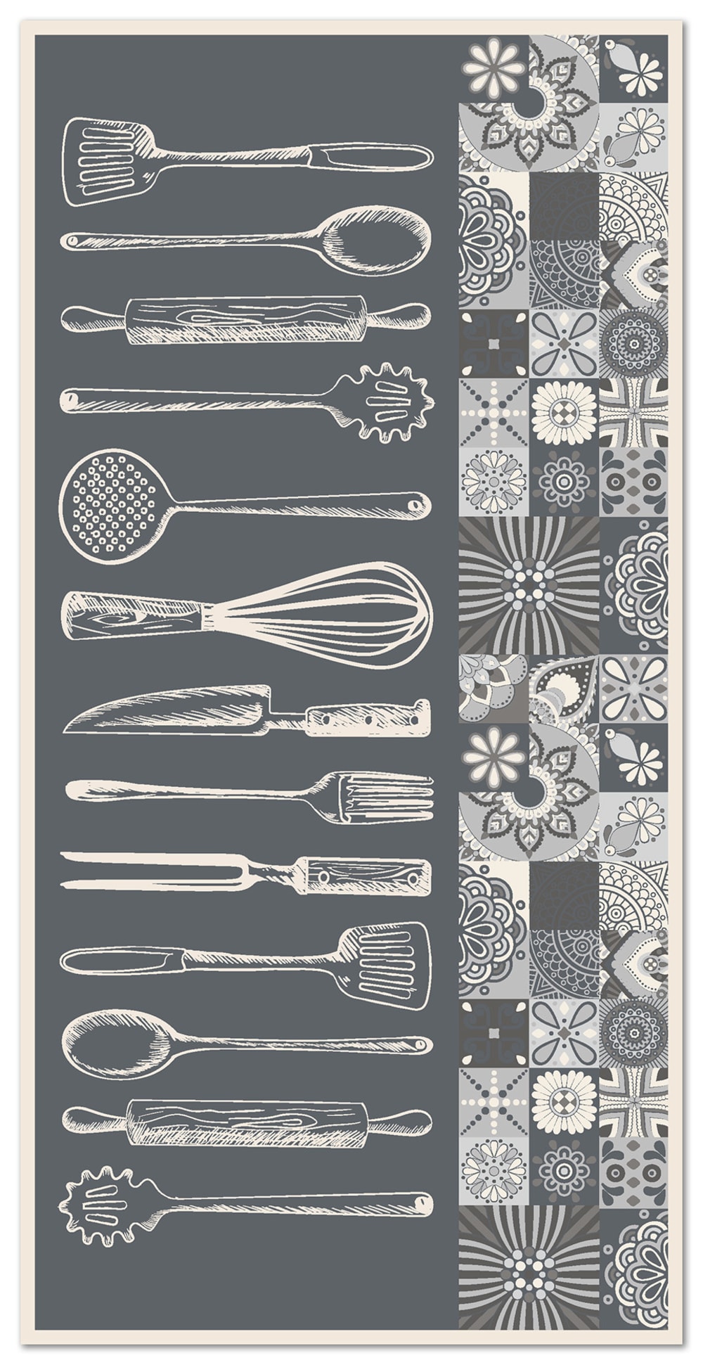 Alfombra vinílica cocina utensilios cocina gris 40x80 cm