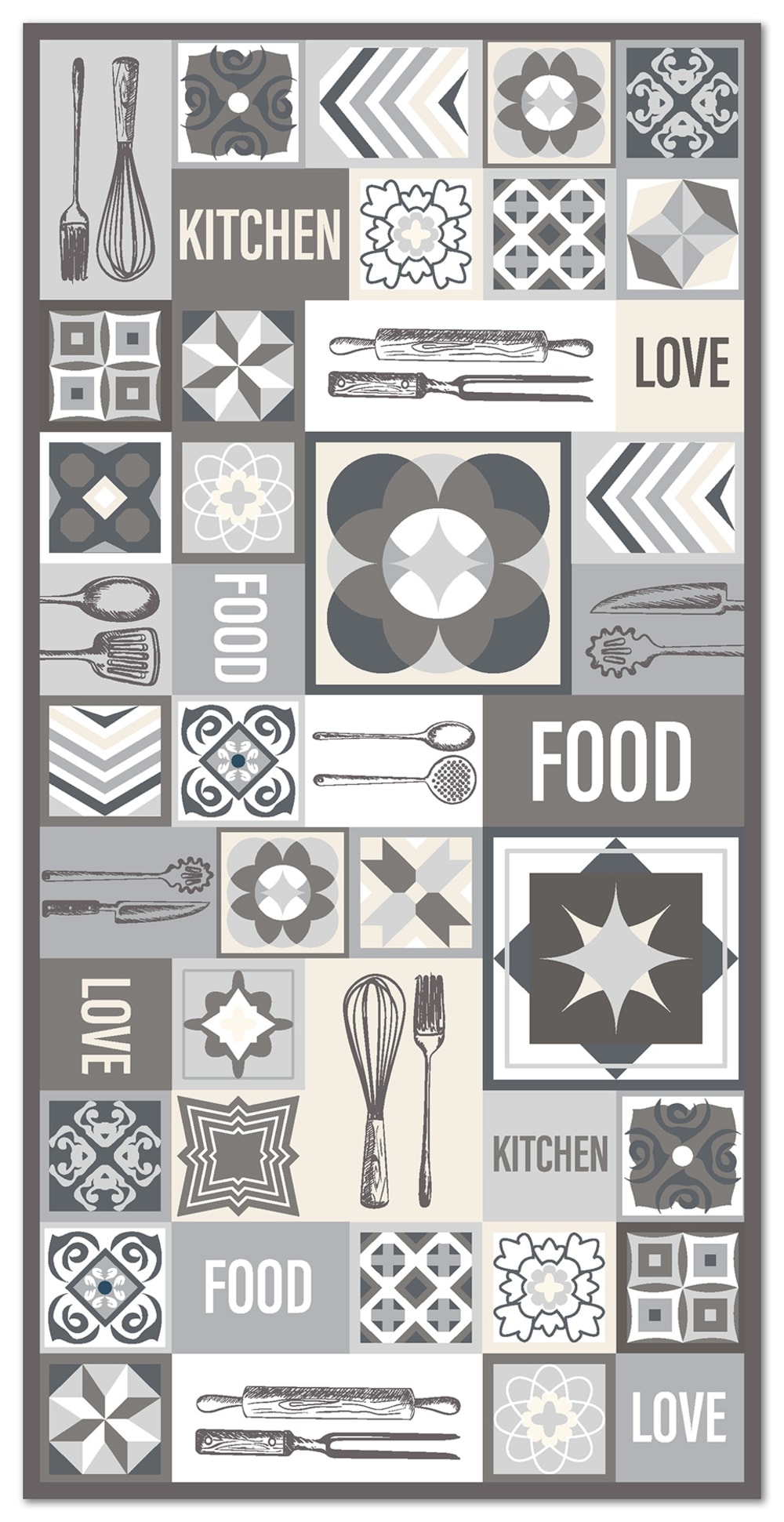 Alfombra vinílica cocina collage palabras baldosas gris 40x80 cm