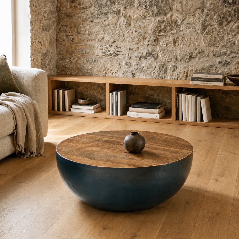 Table basse ronde en bois massif et métal d90 cm - Maisons du Monde