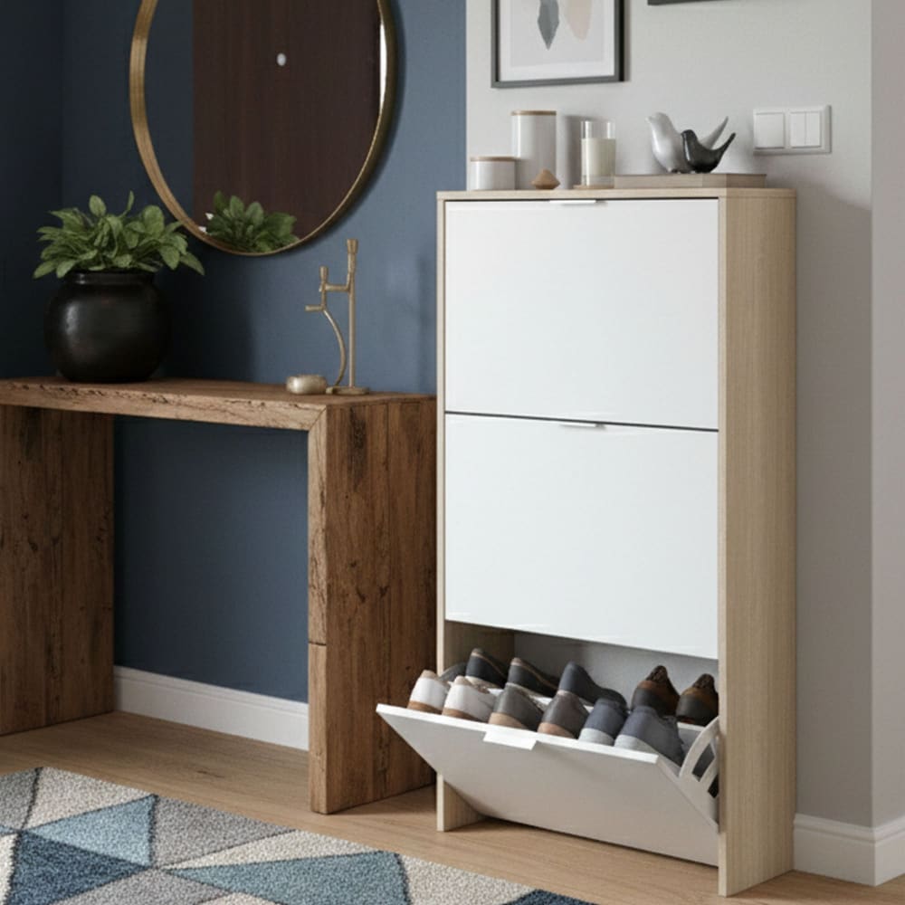 Meuble à chaussures effet bois beige, blanc brillant 60x22 cm - Maisons du Monde
