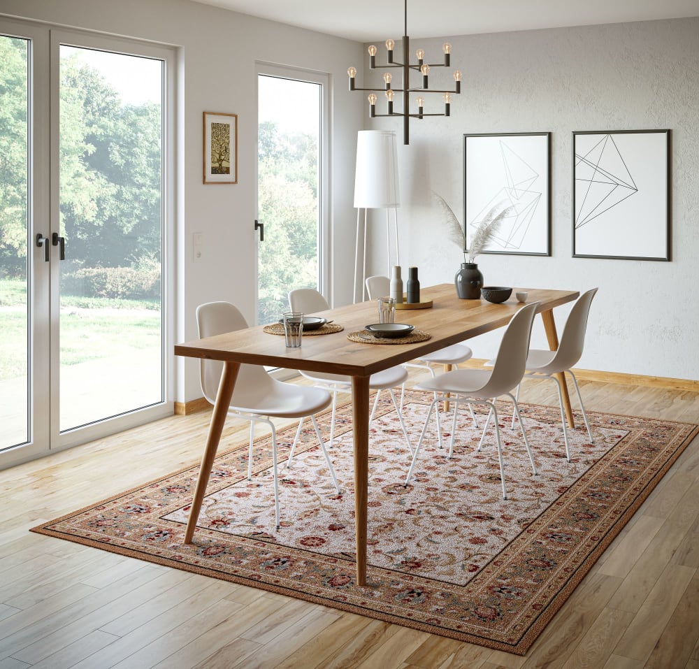 Tapis d'orient floral, tissé, laine naturelle beige 060x120 cm