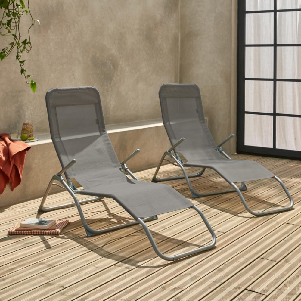 Lot de 2 bains de soleil pliants gris anthracite Lot de 2 bains de soleil pliants gris anthracite
