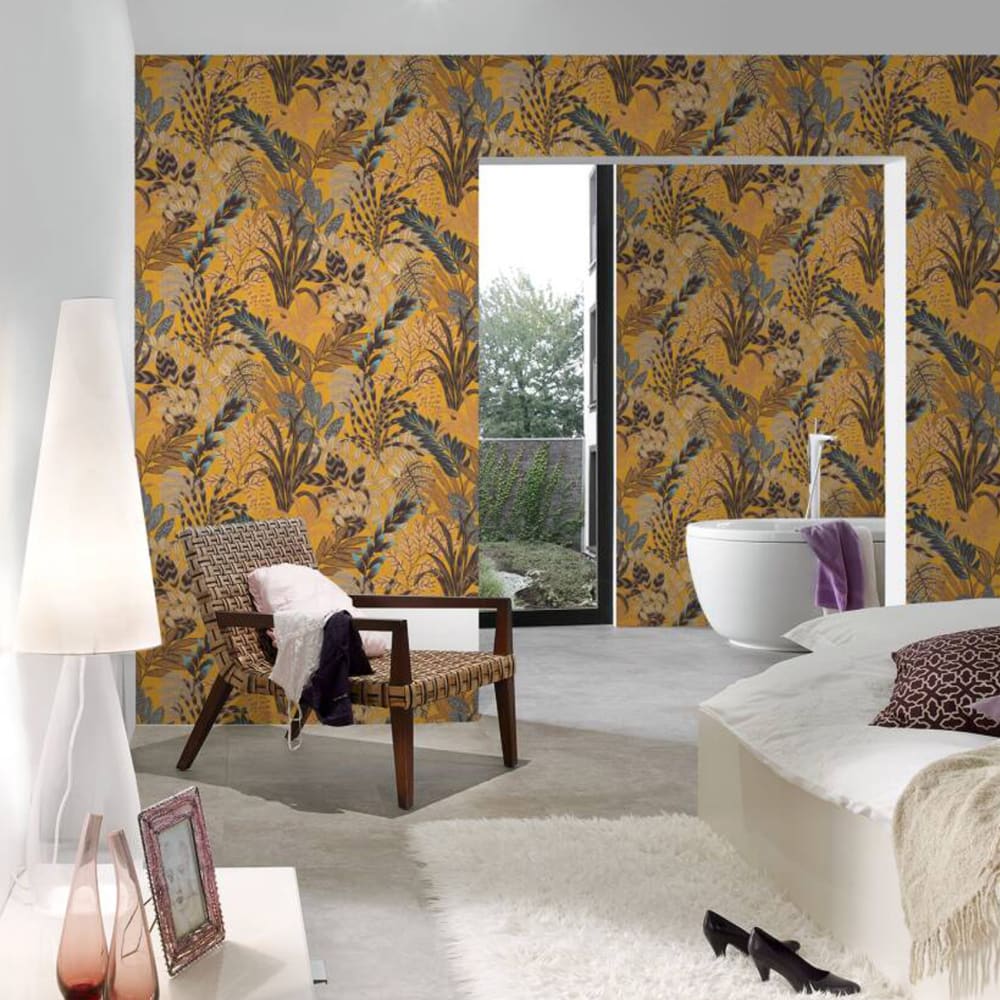 Papier peint en mur végétal papier jaune moutarde x