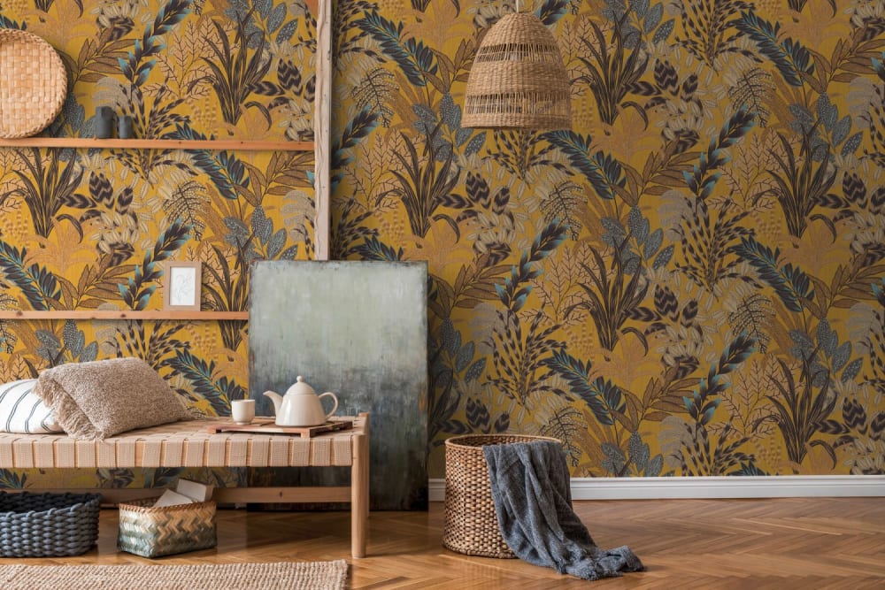 Papier peint en mur végétal papier jaune moutarde x — vue 4