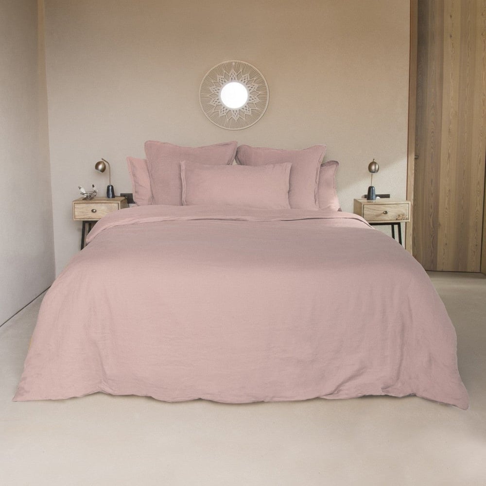 Housse de couette lin lavé rose 260x240
