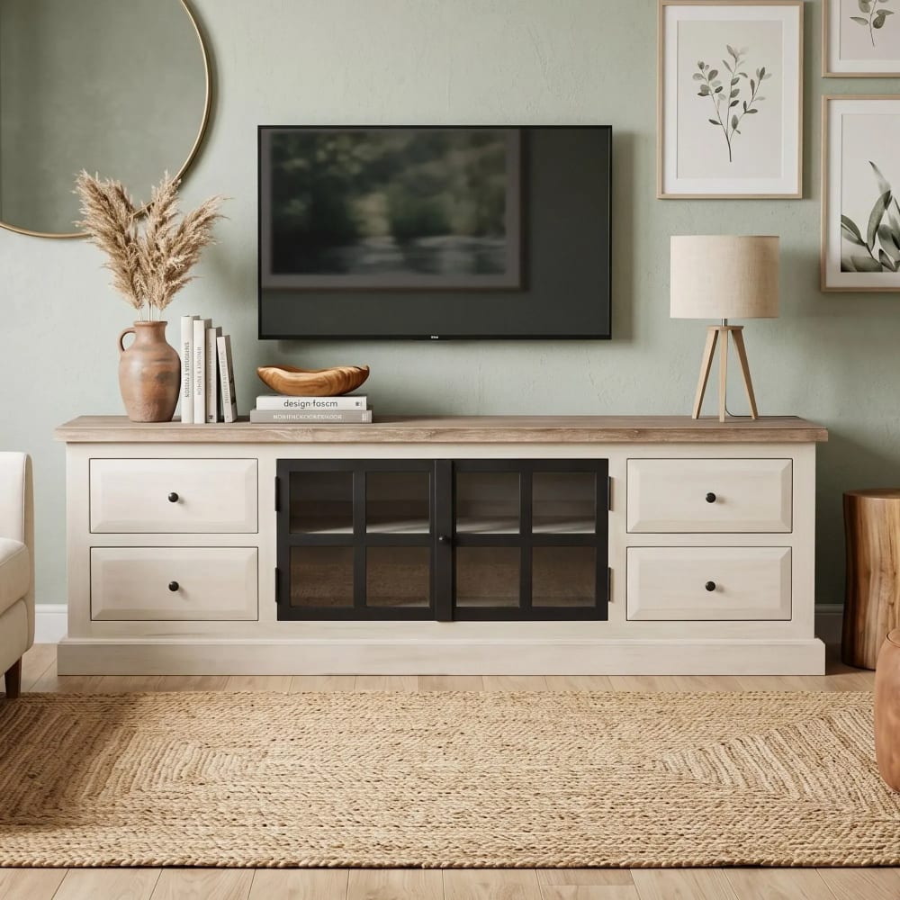 Meuble tv en bois 2 portes vitrées 4 tiroirs l170 - Maisons du Monde