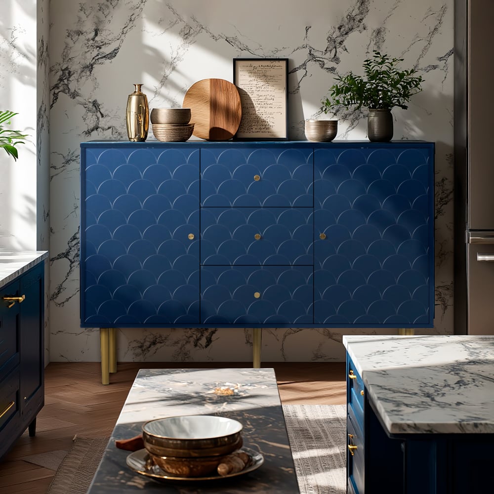 Buffet de Cuisine en Bois et Bleu Marine avec Pieds Dorés