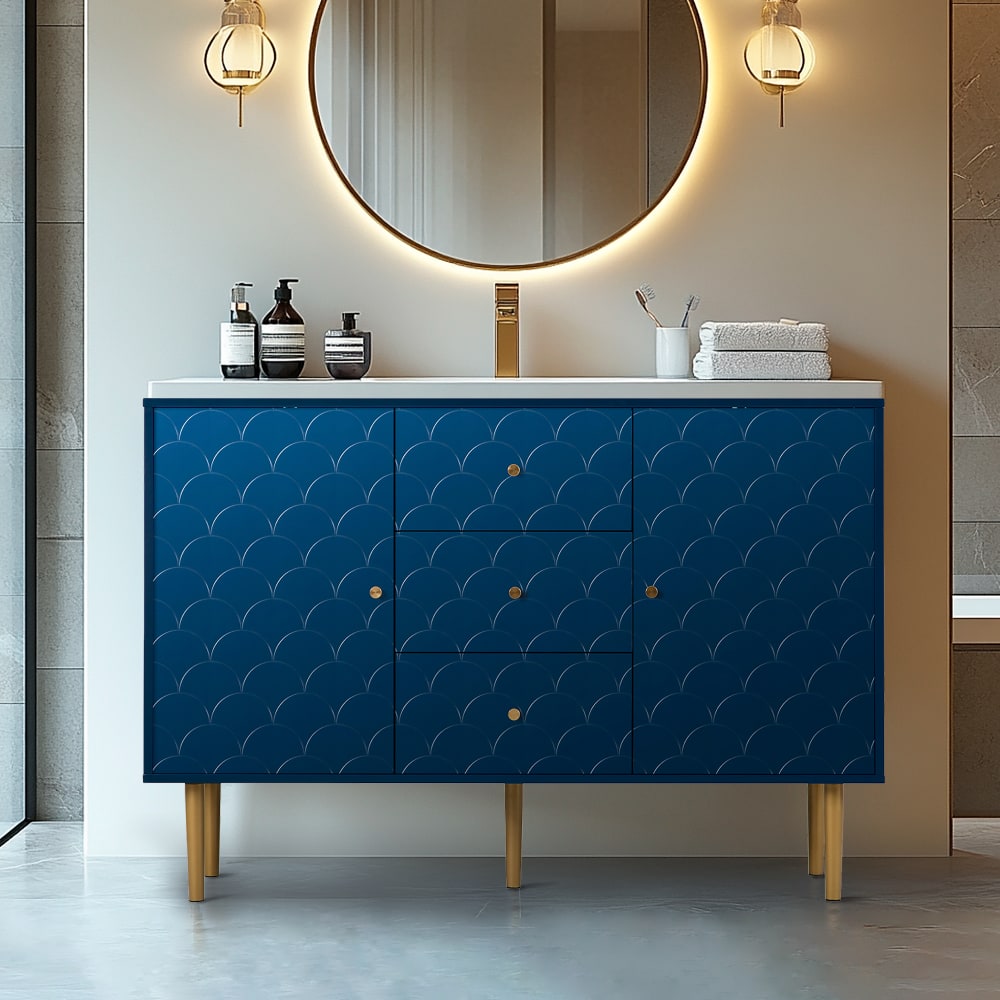Meuble de Salle de Bain Bleu Marine avec Motif Écailles et Pieds Dorés