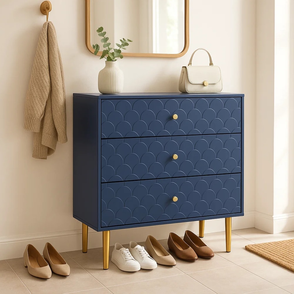 Scarpiera blu a 3 cassetti con motivo intagliato - Urban Meuble