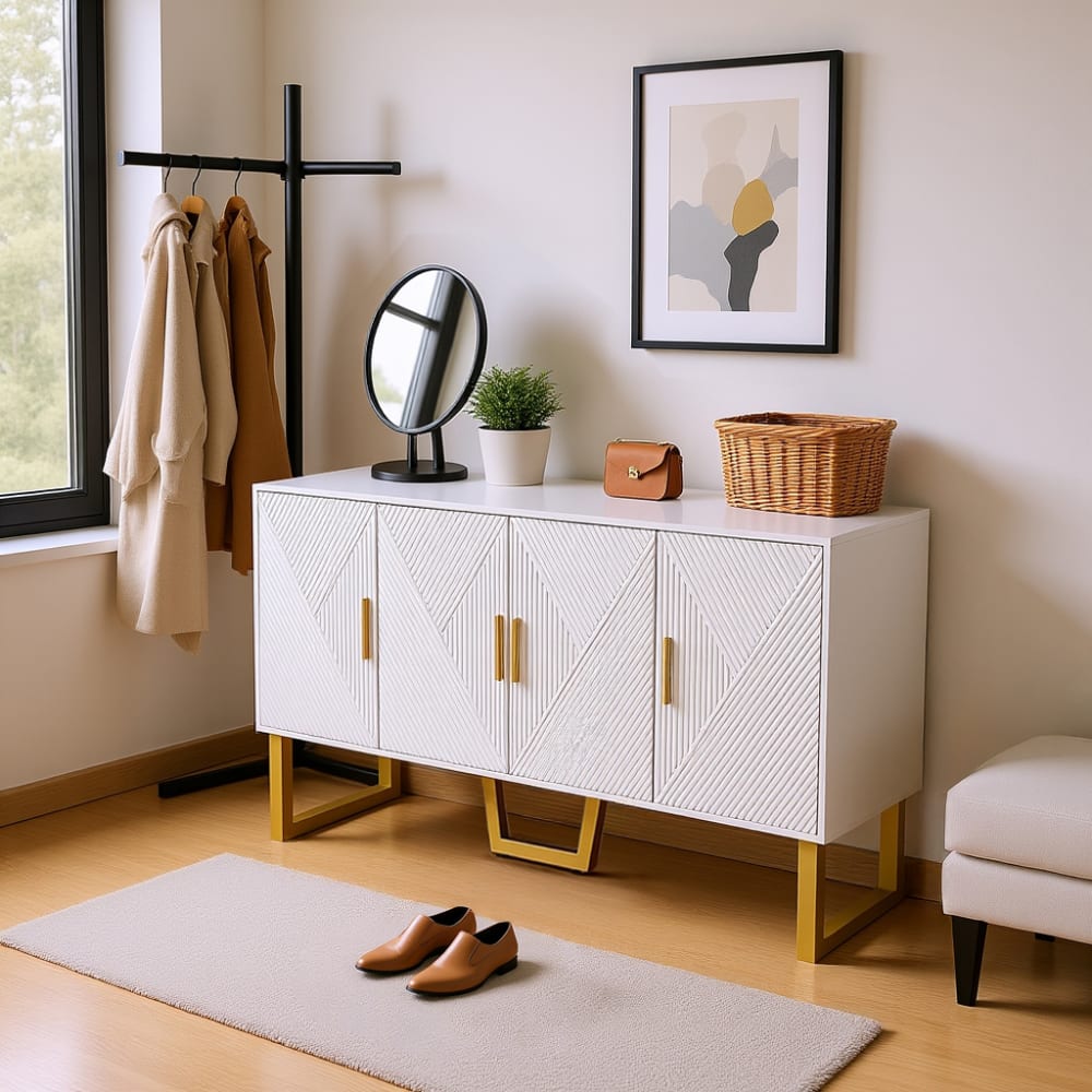 Meuble à chaussures chic blanc et doré avec 4 portes design