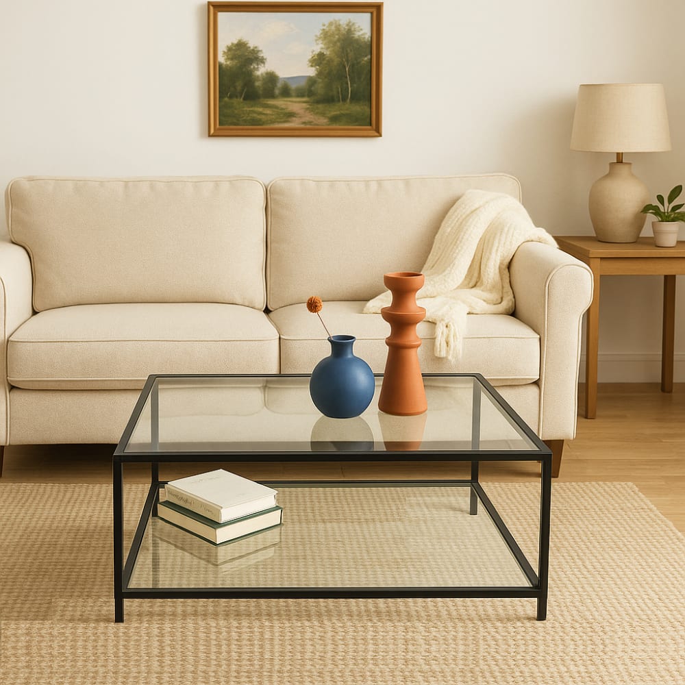 Table Basse Industrielle Verre Trempé Cadre Acier 80*80*42cm