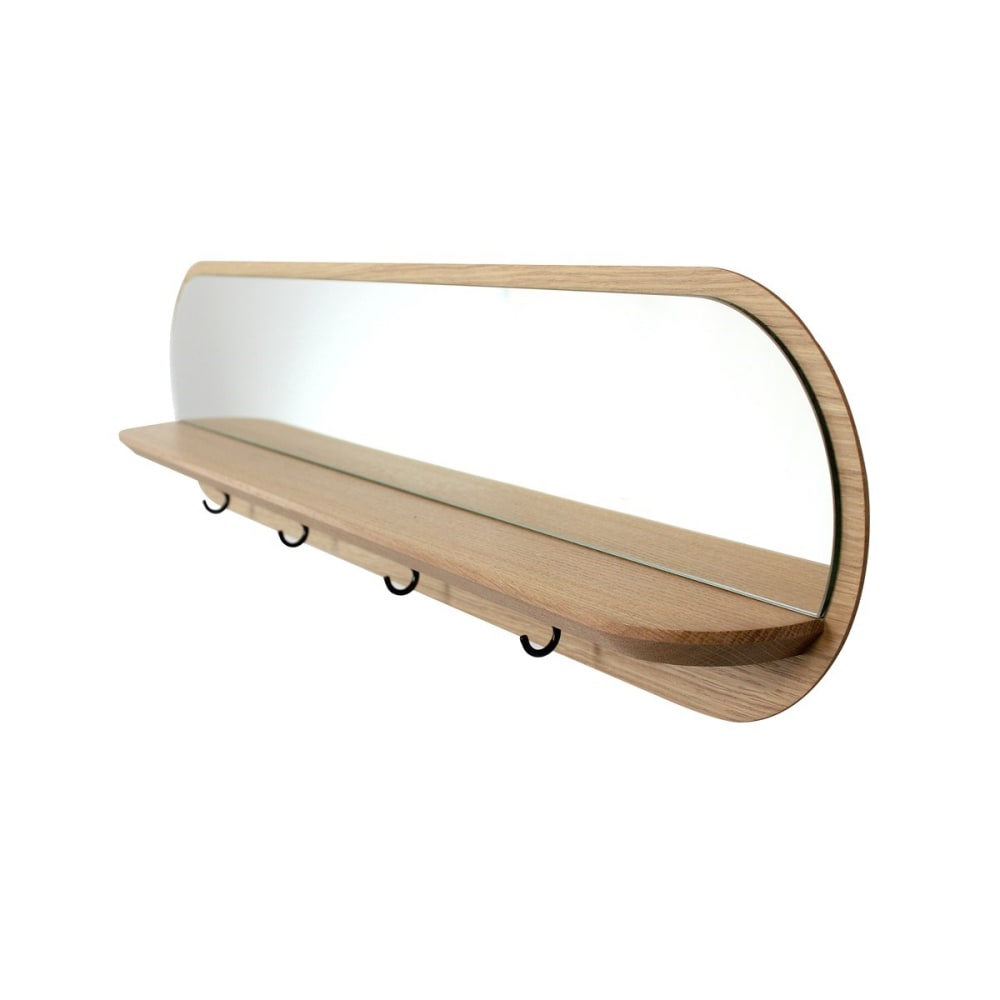 Miroir avec tablette et porte-clés mural en chêne crochets noirs
