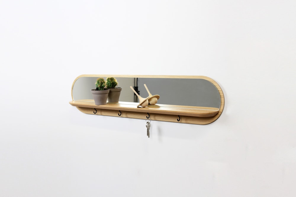 Miroir avec tablette et porte-clés mural en chêne crochets dorés