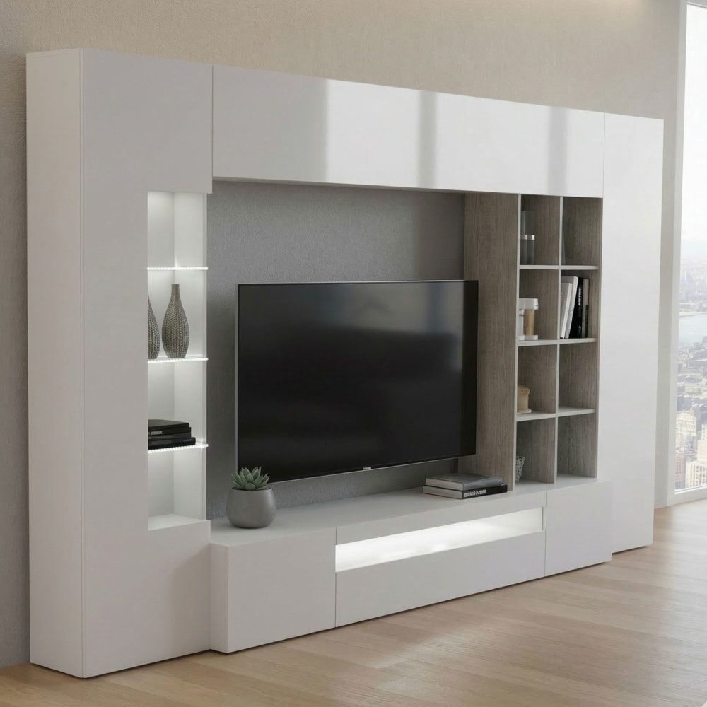 Meuble TV effet bois blanc brillant, ciment 290x40 cm - Maisons du Monde