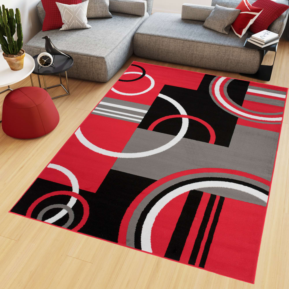 Alfombra de salón rojo gris negro blanco círculos 180 x 250 cm - Maisons du Monde