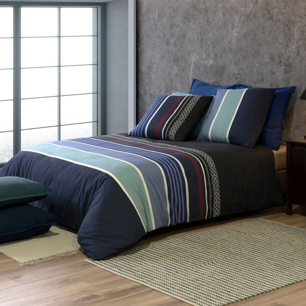 Doumie Parure de couette 100% coton 71 fils imprimée 240x220 2 taies style classique chic Bleu Certifié Oeko-Tex