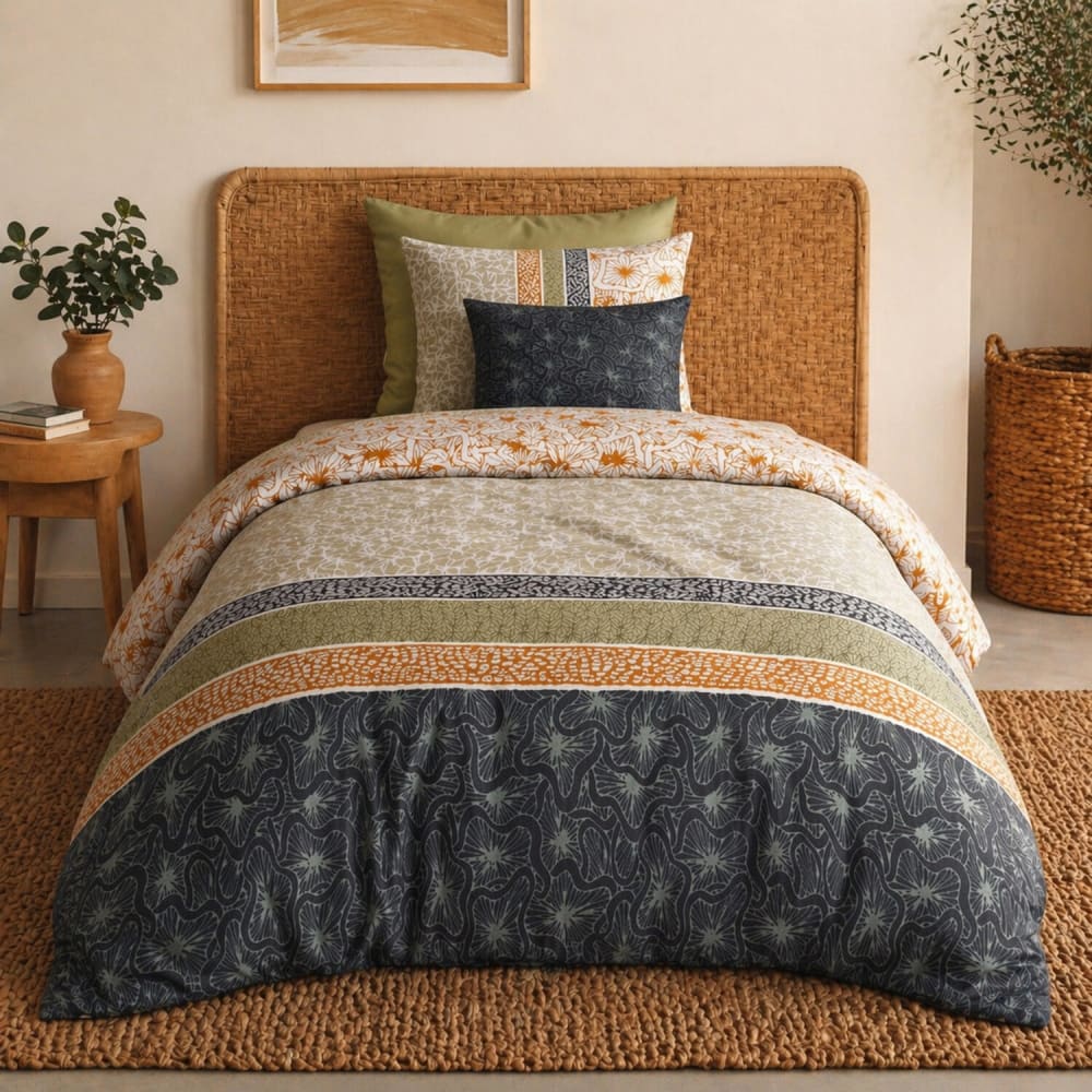 Parure housse de couette coton imprimée + taie 140x200 cm