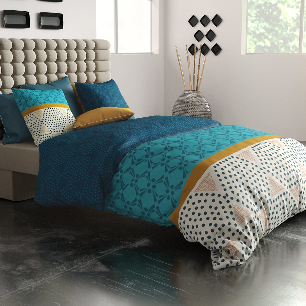 Parure housse de couette coton imprimée + 2 taies 240x220 cm