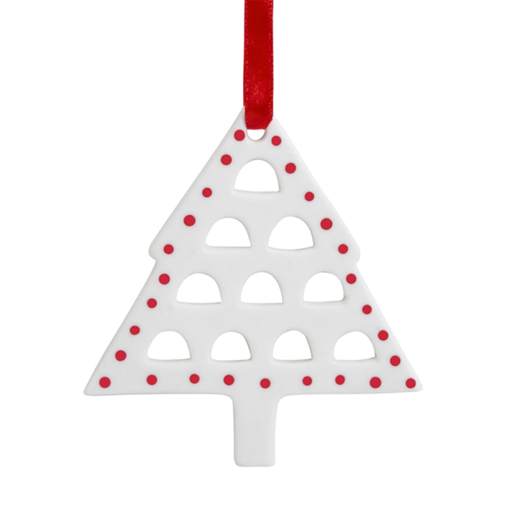 Suspension décorative sapin de noël en grès blanc et rouge H9