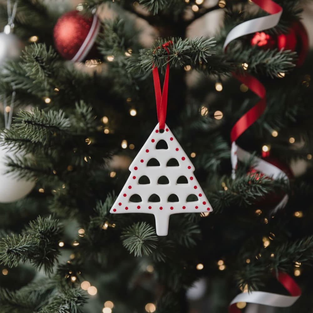 Weihnachtsanhänger Weihnachtsbaum aus Steinzeug H9, Weiß und Rot