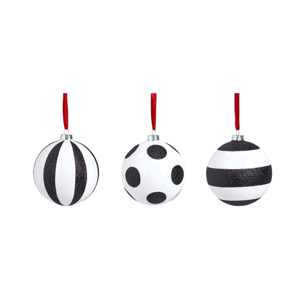 Set de 3 boules décoratives de noël à motif en verre noir et blanc D8 Set de 3 boules décoratives de noël à motif en verre noir et blanc D8