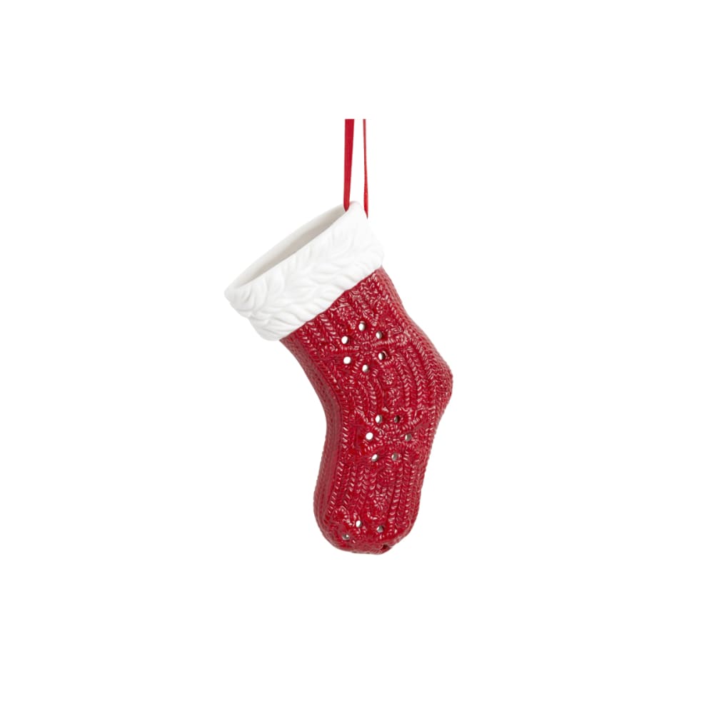 Suspension décorative chaussette de noël en grès blanc et rouge H12
