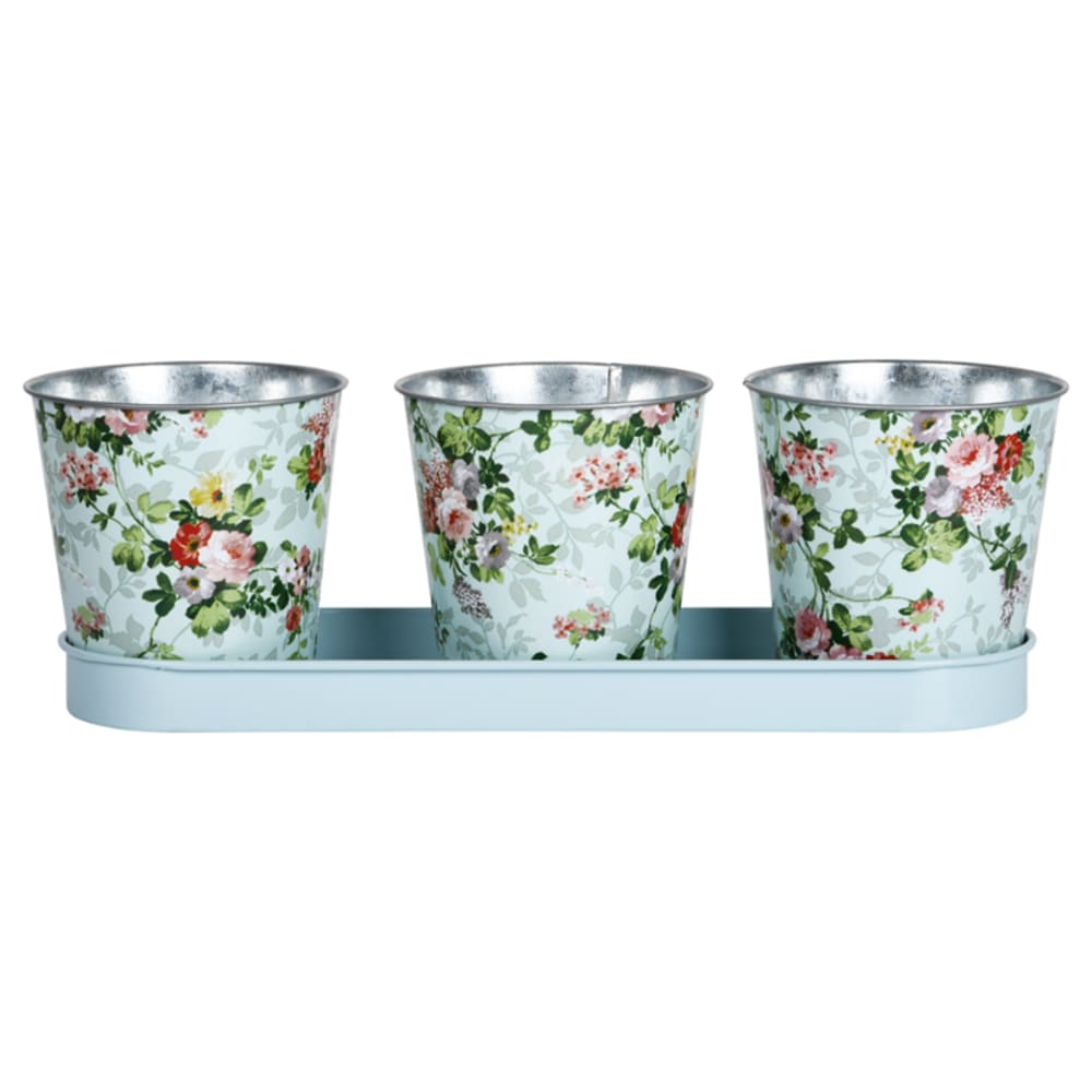 Jardinière zinc 3 pots imprimé roses multicolore