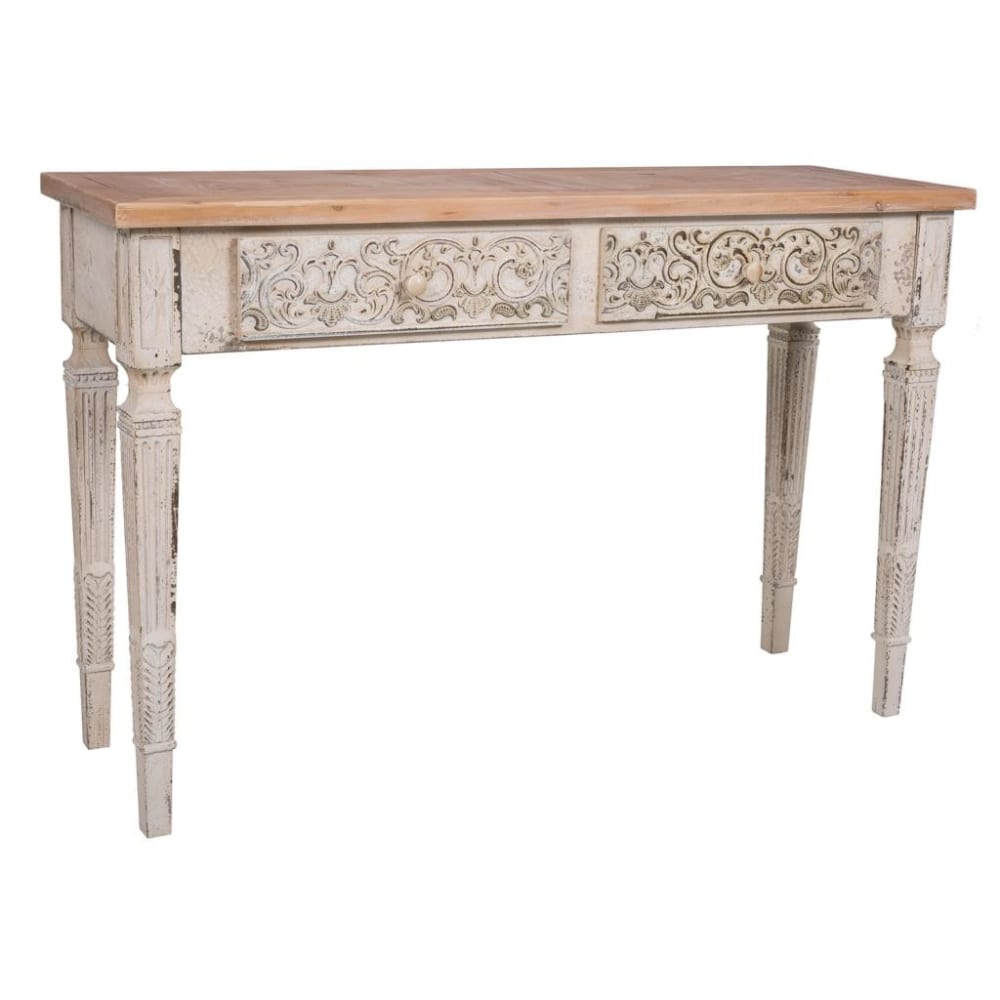 Console blanche vieilli avec 2 tiroirs, 120x40x78h