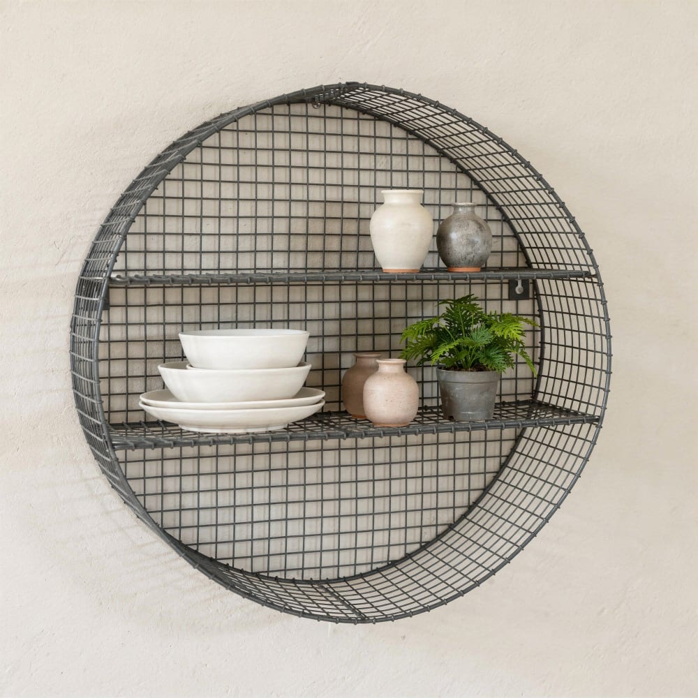Étagère murale ronde en métal grillagé anthracite