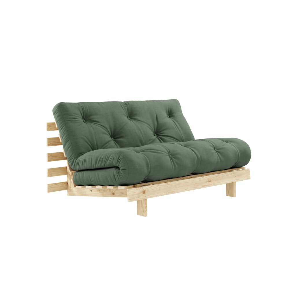 Canapé convertible en pin massif avec futon kaki 140x200