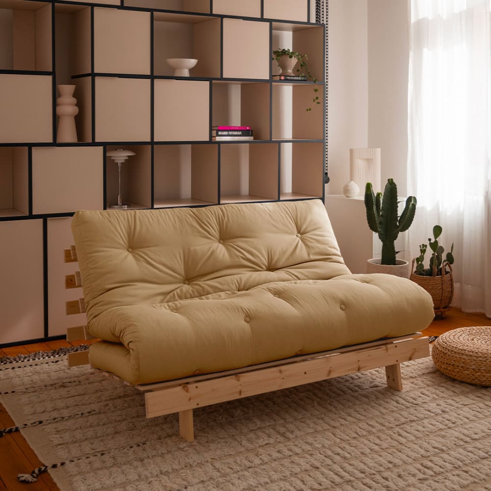 Canapé convertible en bois et tissu 2 places - Blé