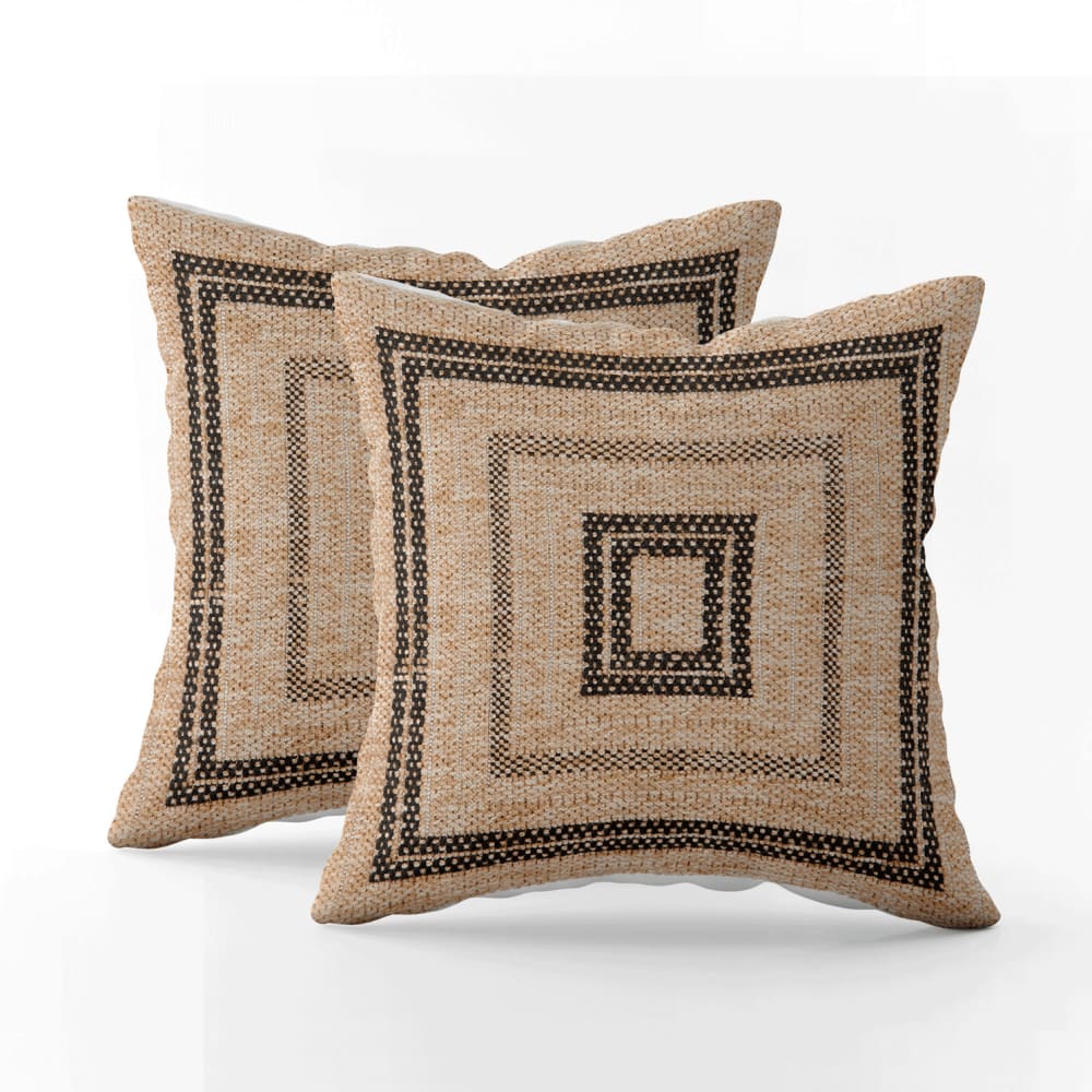Lot de 2 Housse de coussins aspect jute motif carré noir 50x50