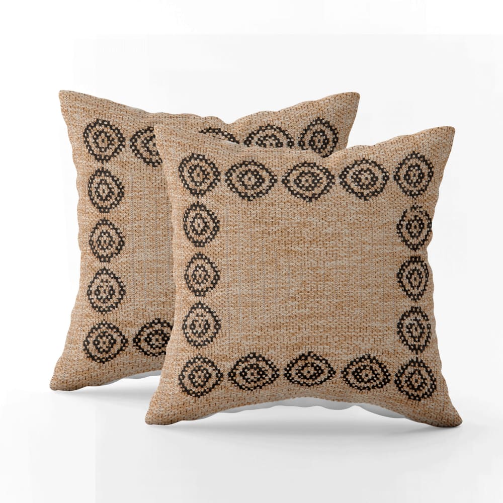 Lot de 2 Housse de coussins aspect jute motif rosas noir 50x50