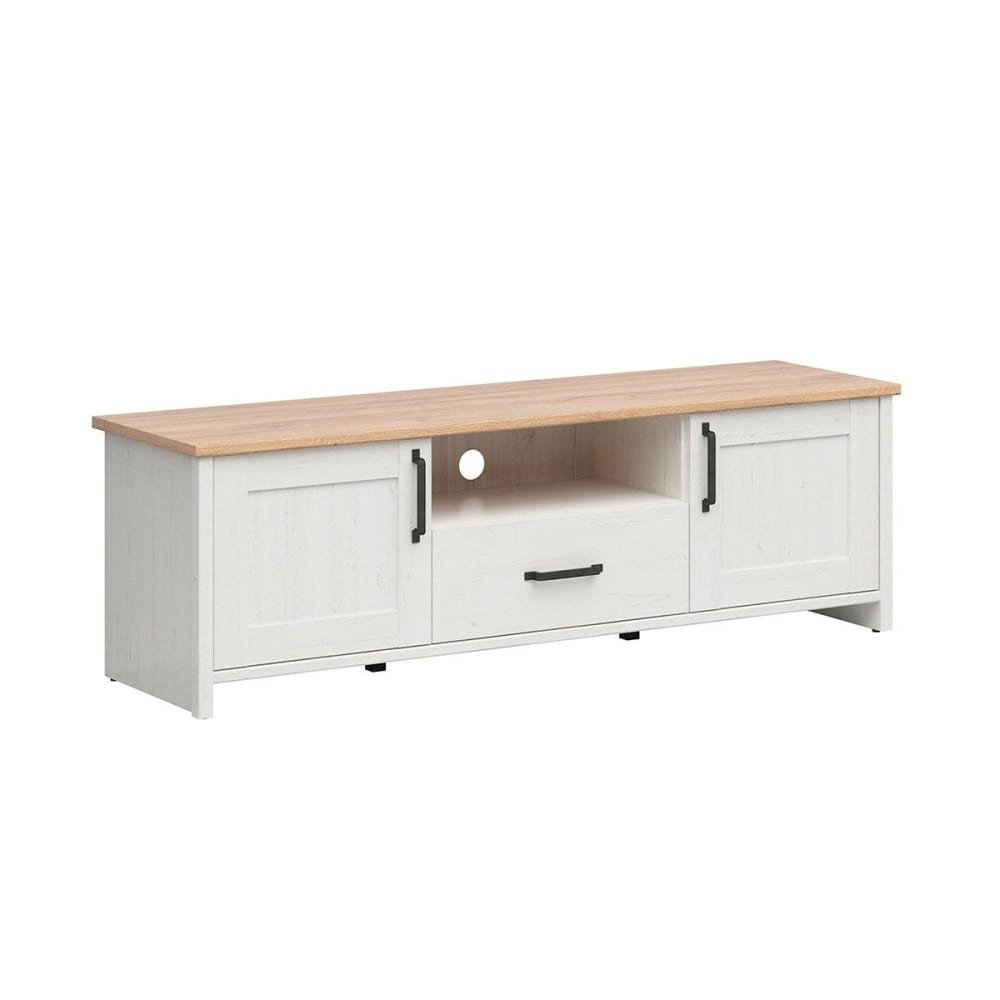 mueble tv 2 puertas 1 cajon 160 cm paneles de melamina blanco y madera