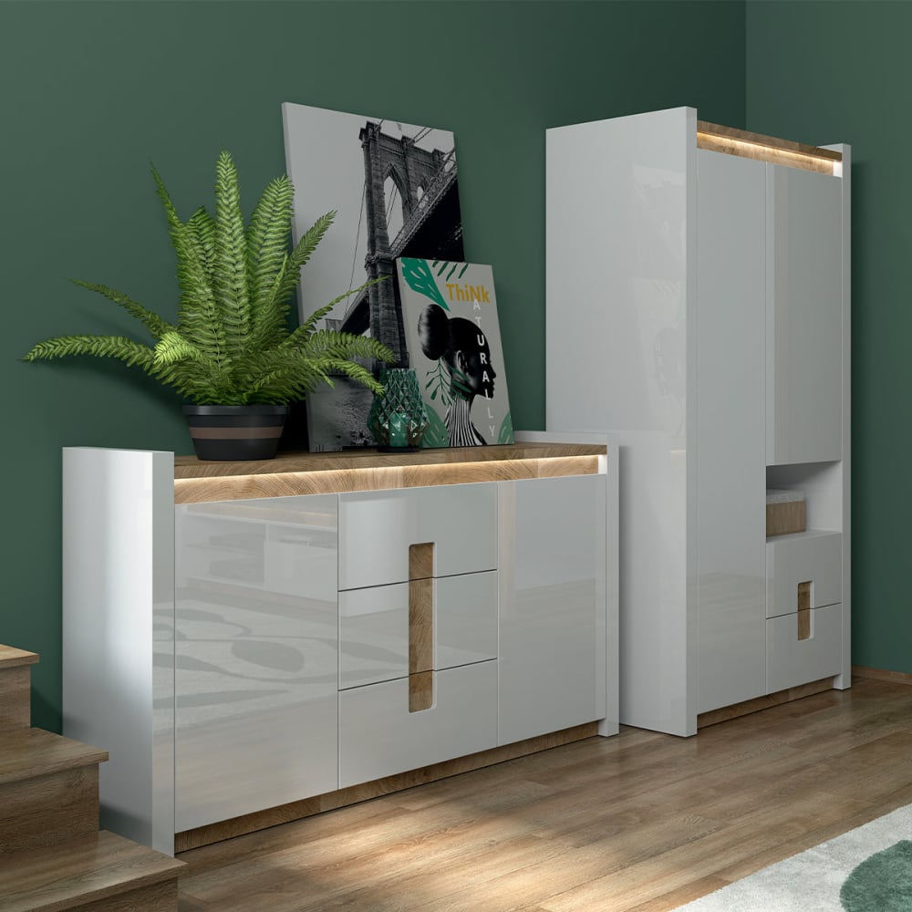 Buffet 2 portes 3 tiroirs avec led panneaux mdf blanc - Maisons du Monde