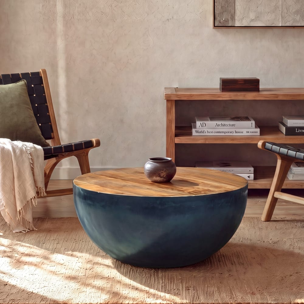 Mesa de centro redonda de 70cm en madera maciza y metal - Maisons du Monde