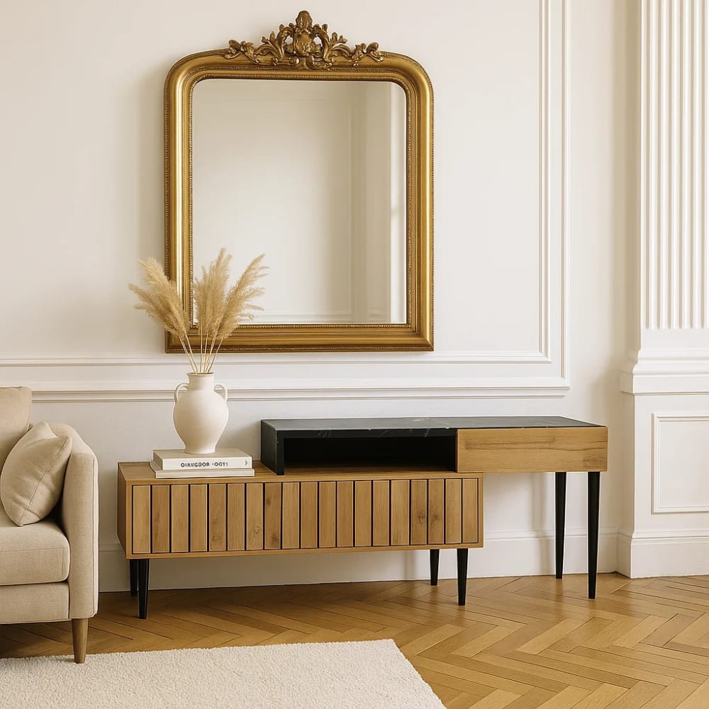 Mueble de almacenaje de pared en madera y mármol