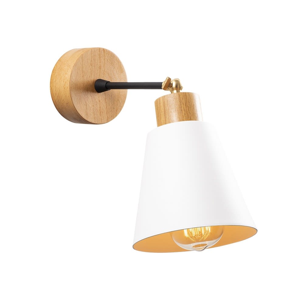 Nordische Wandleuchte mit Holzsockel und verstellbarem weißem