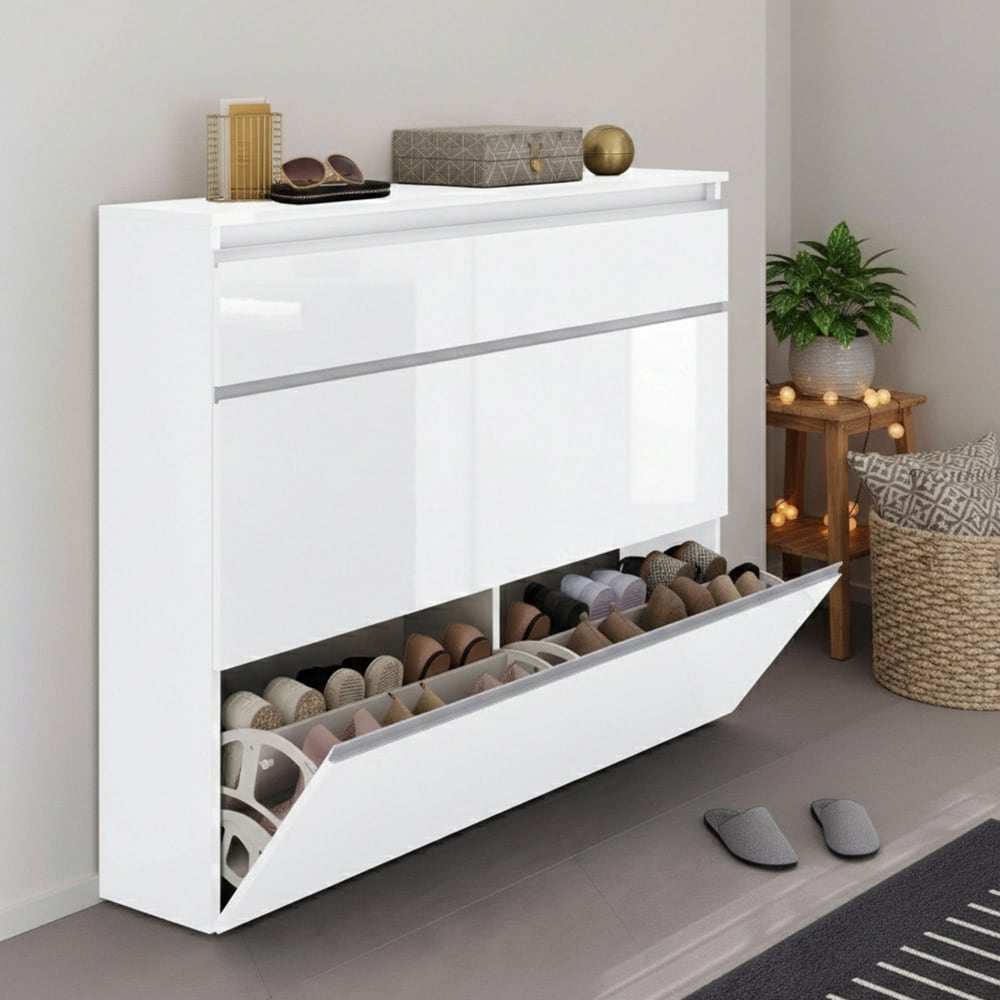 Meuble à chaussures effet bois blanc brillant 120x27 cm - Maisons du Monde