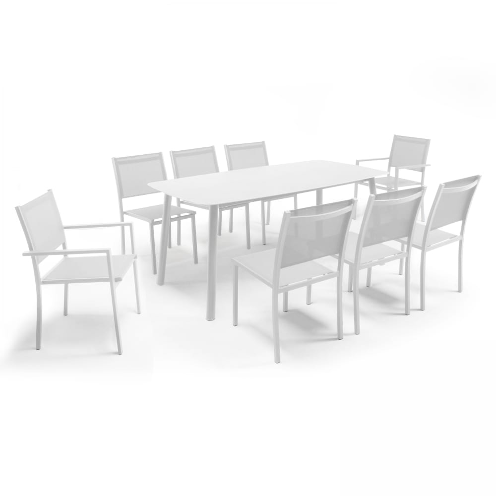 Table de jardin aluminium et pierre, 6 chaises et 2 fauteuils blanc