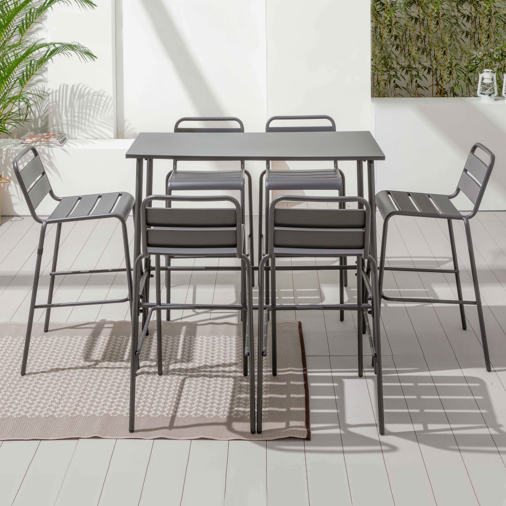 Ensemble table haute de jardin et 6 chaises en métal gris