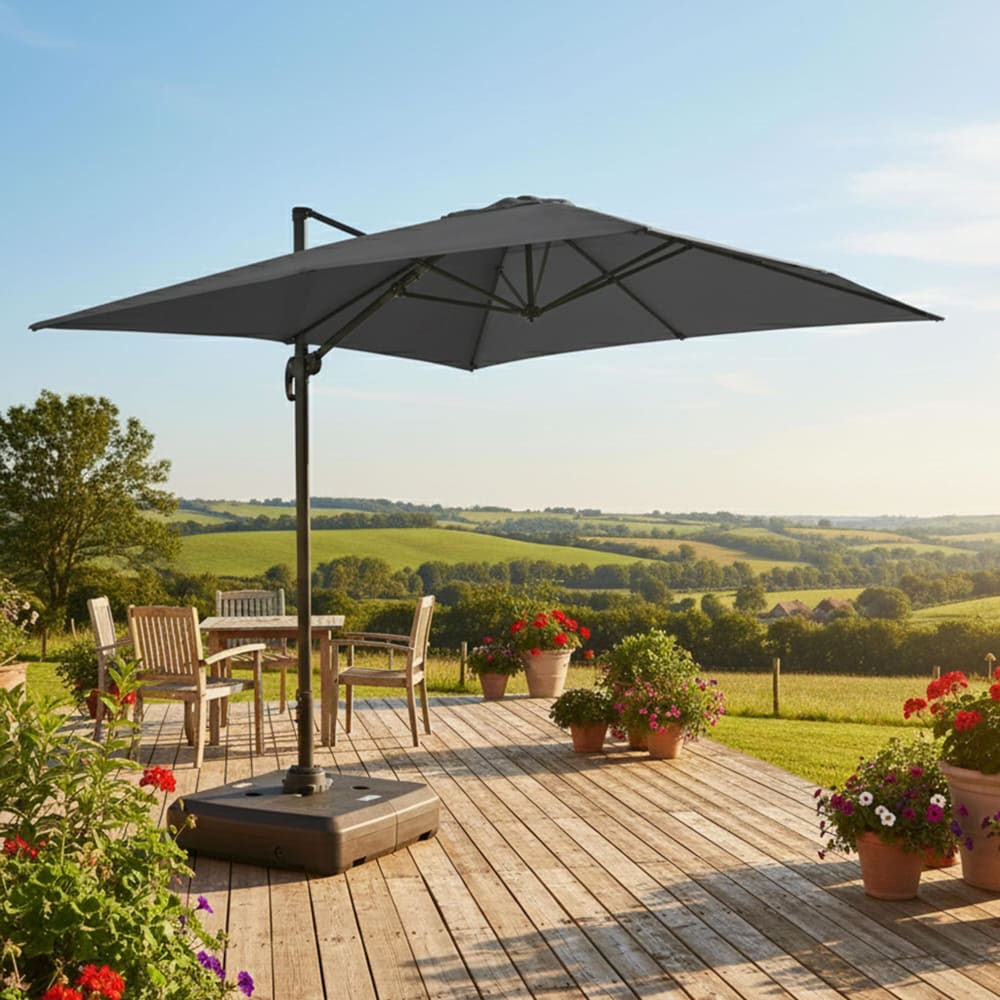 Parasol déporté 4x3 m 360° inclinable + à lester sur roues gris