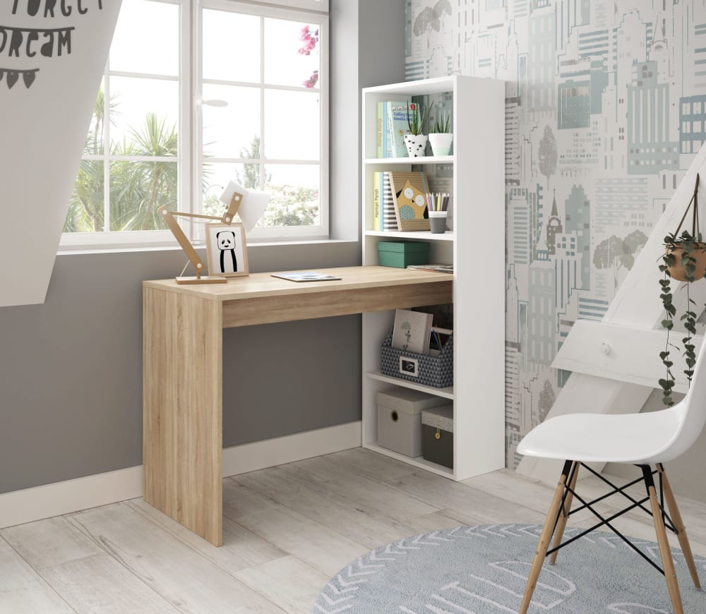 Bureau avec étagère de rangement réversible 120x53x144cm - Blanc/Bois