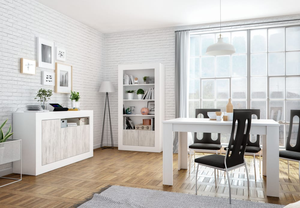 Buffet moderne effet blanchi 3 portes et 1 étagère 144cm - Blanc/Bois