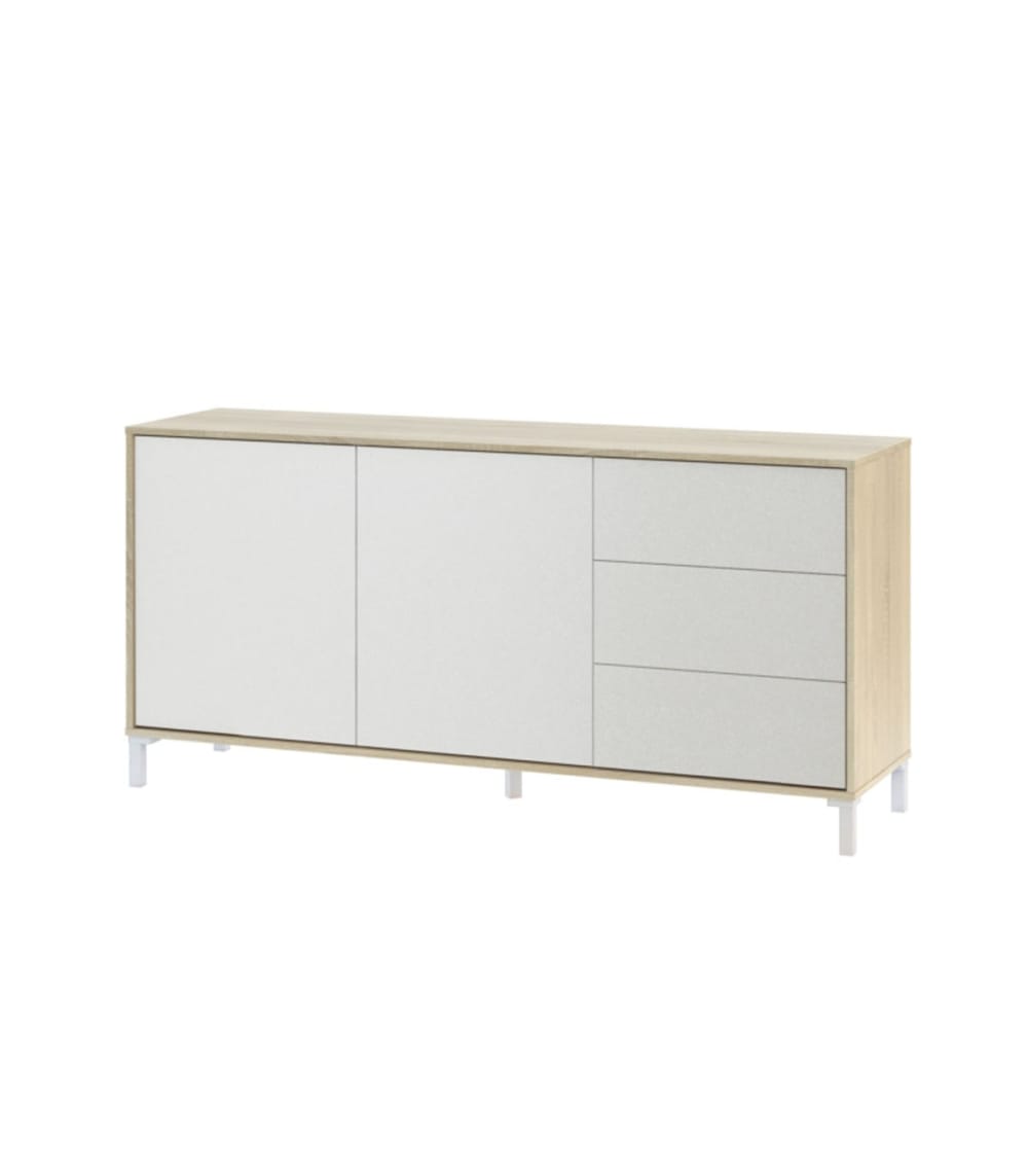 Aparador 2 puertas y 3 cajones - L154 cm - Efecto Roble y Blanco