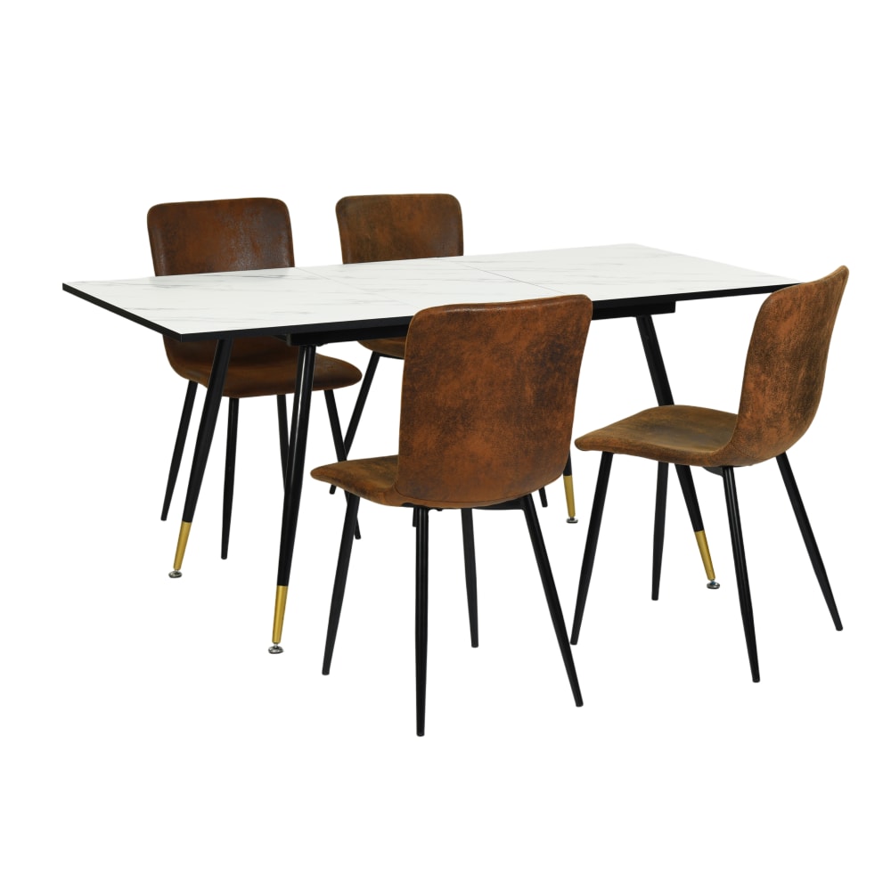 Ensemble table effet marbre + 4 chaises vintage en suédine brun