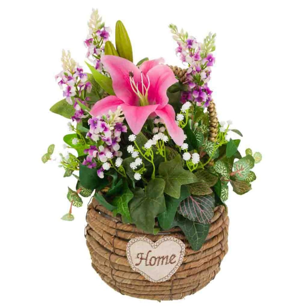 cesta de cuerda con ramo de flores multicolor 31x25x36h cm