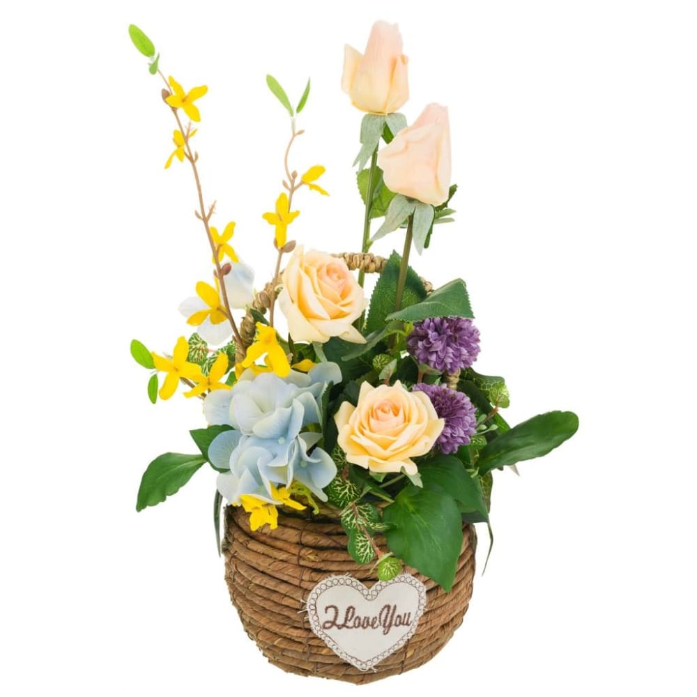 Cesta de cuerda con ramo de flores multicolor 24x23x48h cm